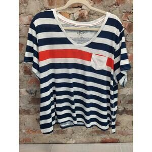 Style & Co Sport Womens T-Shirt 2X Striped Blue White Red V-Neck Cotton
